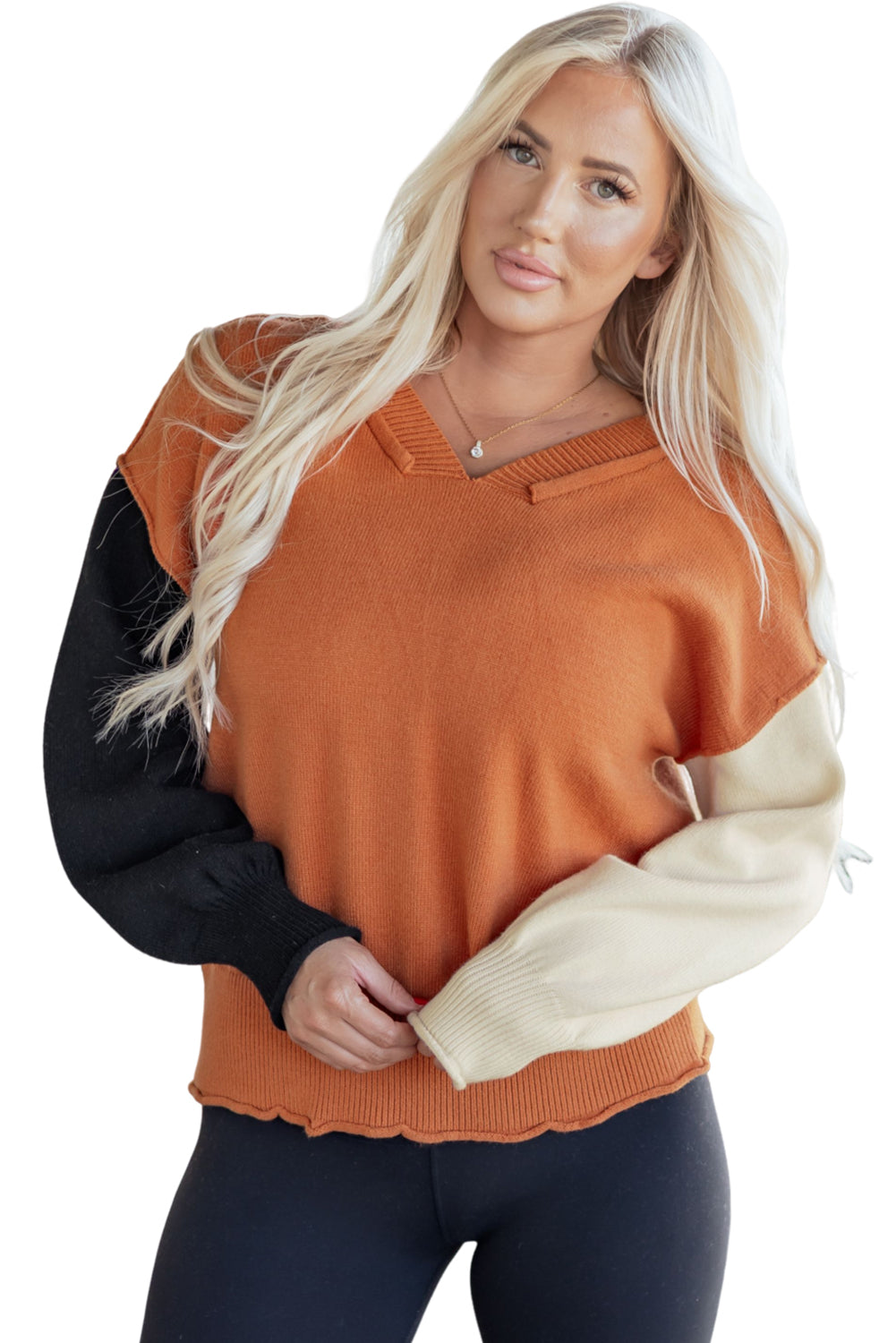 Desert Gold Colorblock Raw Edge Bubble Sleeve V Neck Sweater