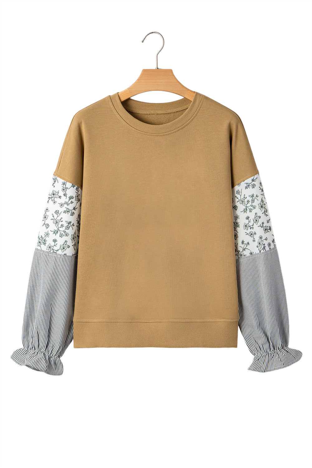 Camel Floral Striped Patchwork Ruffled Sleeve Crew Neck Sweatshirt