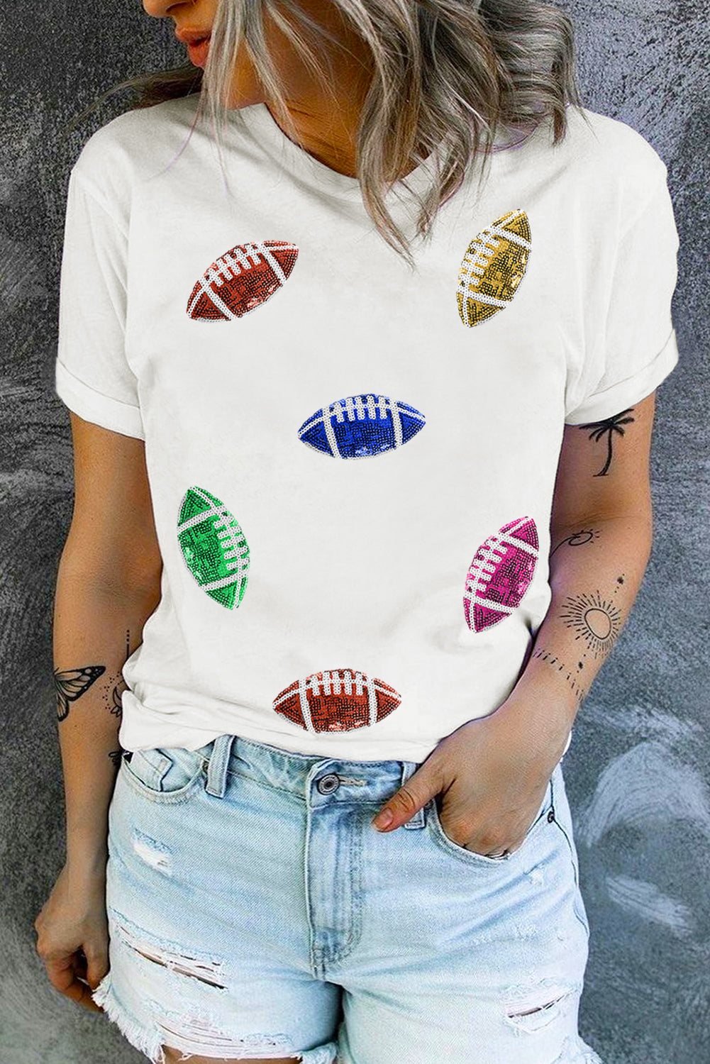 White Sequin Football Pattern Crewneck T Shirt