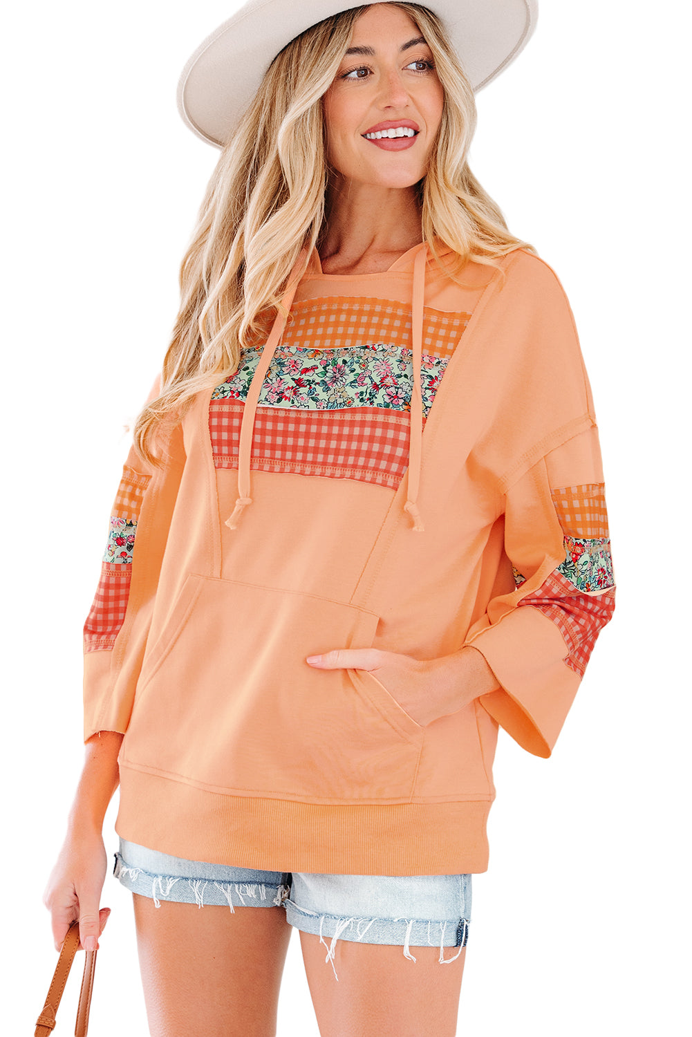 Grapefruit Orange Plaid Floral Patchwork Kangaroo Pocket Hooded Long Sleeve Top