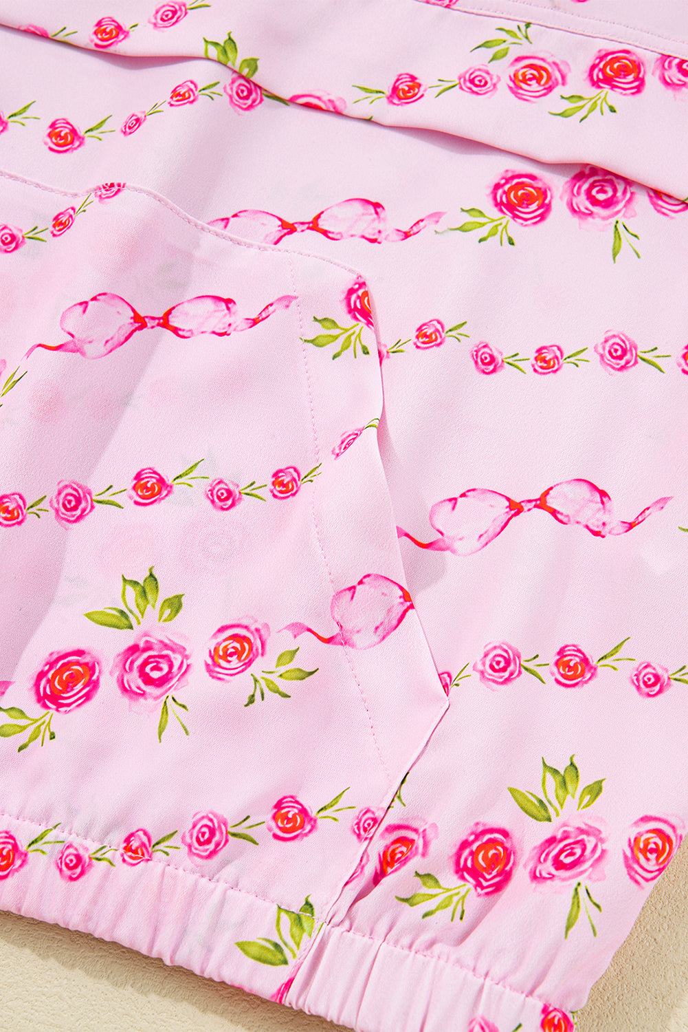 Pink Floral Print Half Zip Kangaroo Pouch Drawstring Hoodie