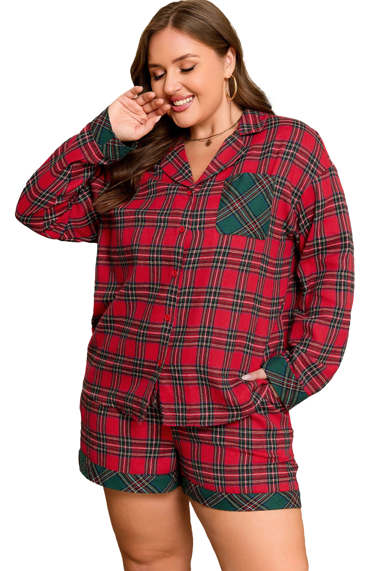 Red Plus Size Plaid Contrast Patchwork Long Sleeve Shirt and Shorts 2pcs Pajama Set
