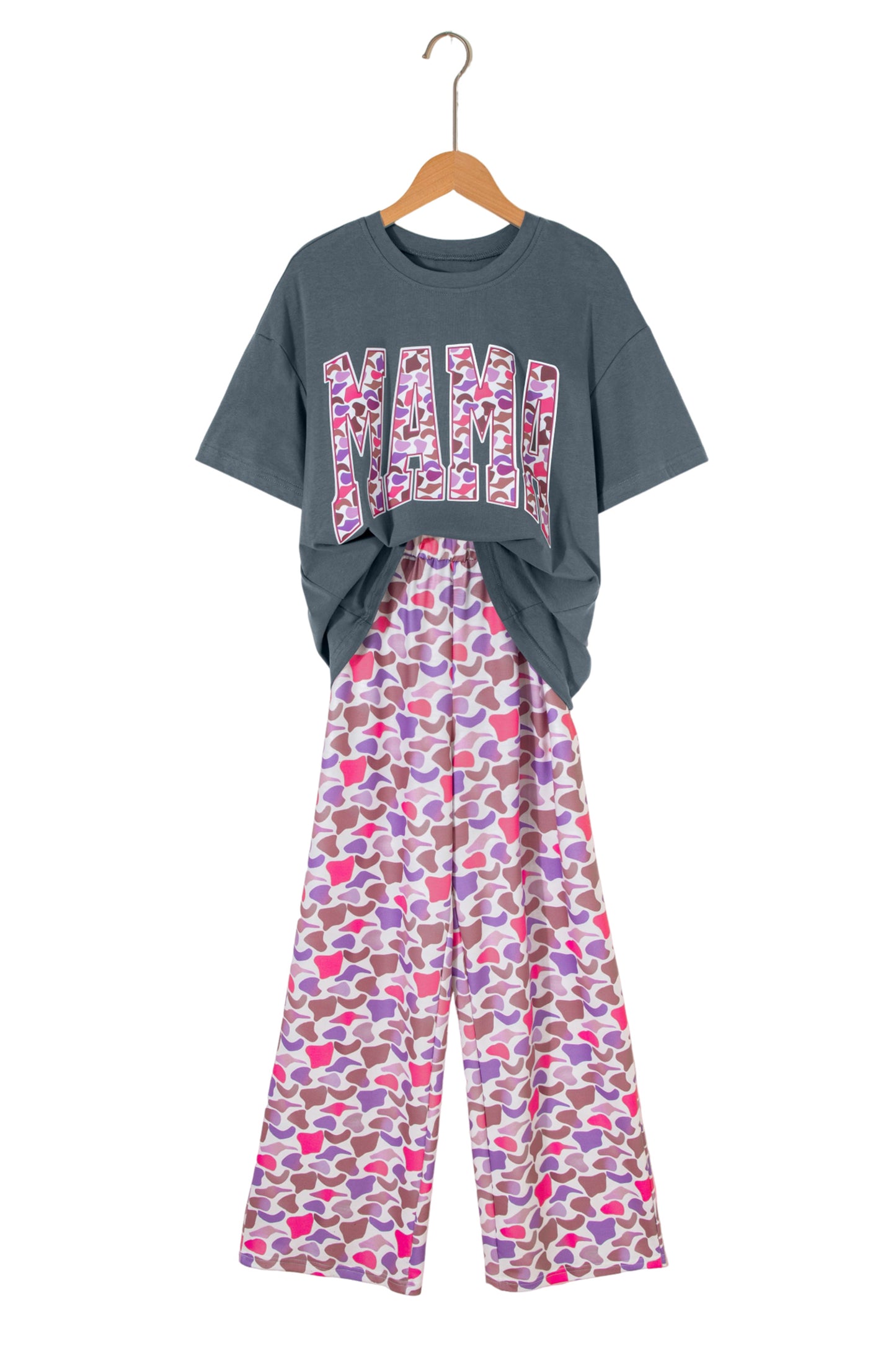 Fun mama Letter Graphic Tee Camouflage Print Loose Pant Set