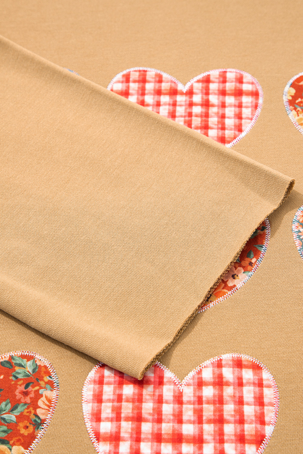 Straw Yellow Plaid Floral Heart Stitched Exposed Seam Mineral Wash Sweatshirt