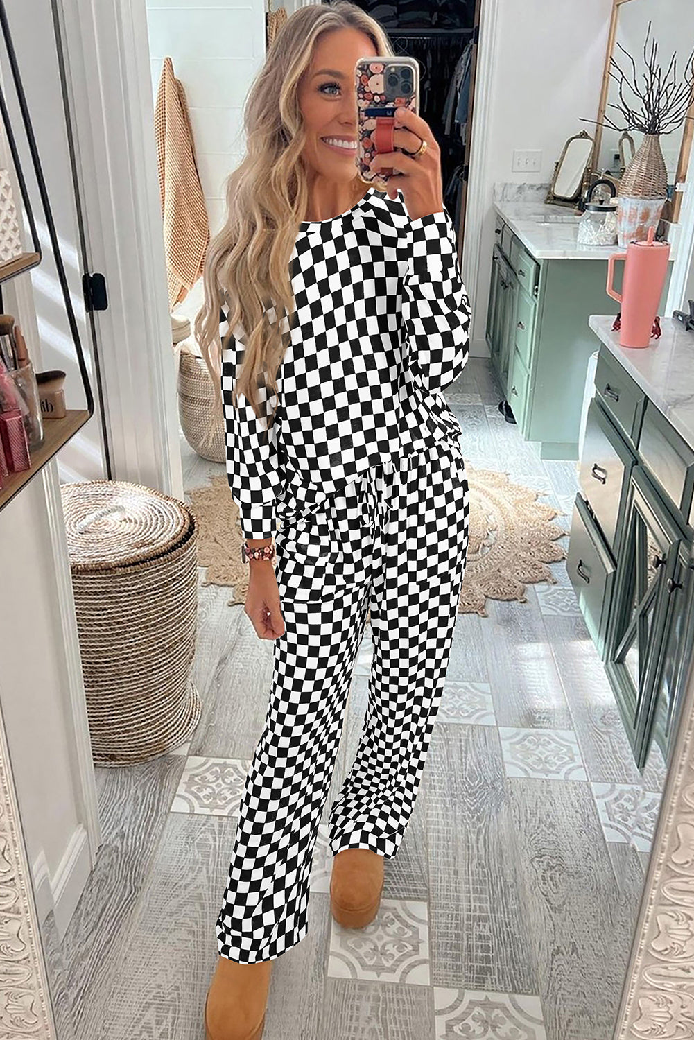 Black Checkered Print Long Sleeve Top and Pants Pajama/Lounge Set