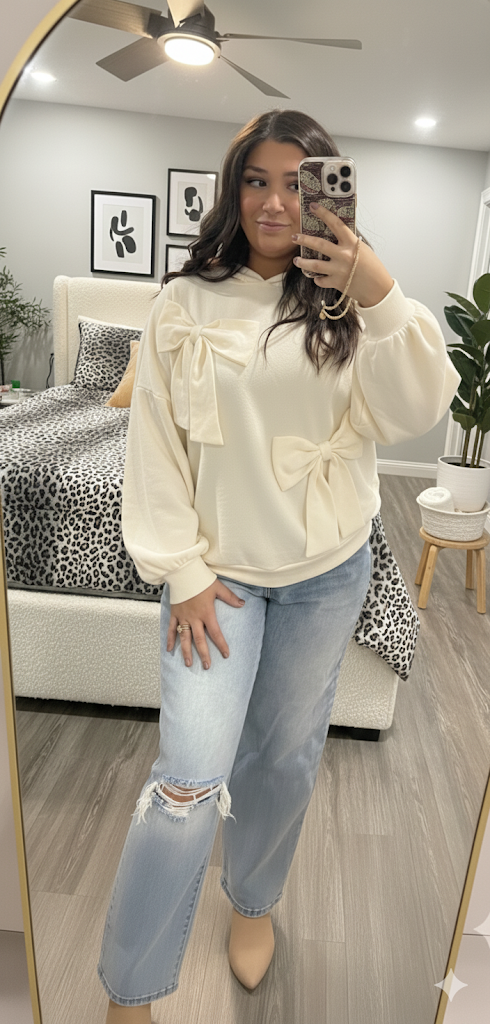 White Solid Color Cute Bow Detail Loose Hoodie