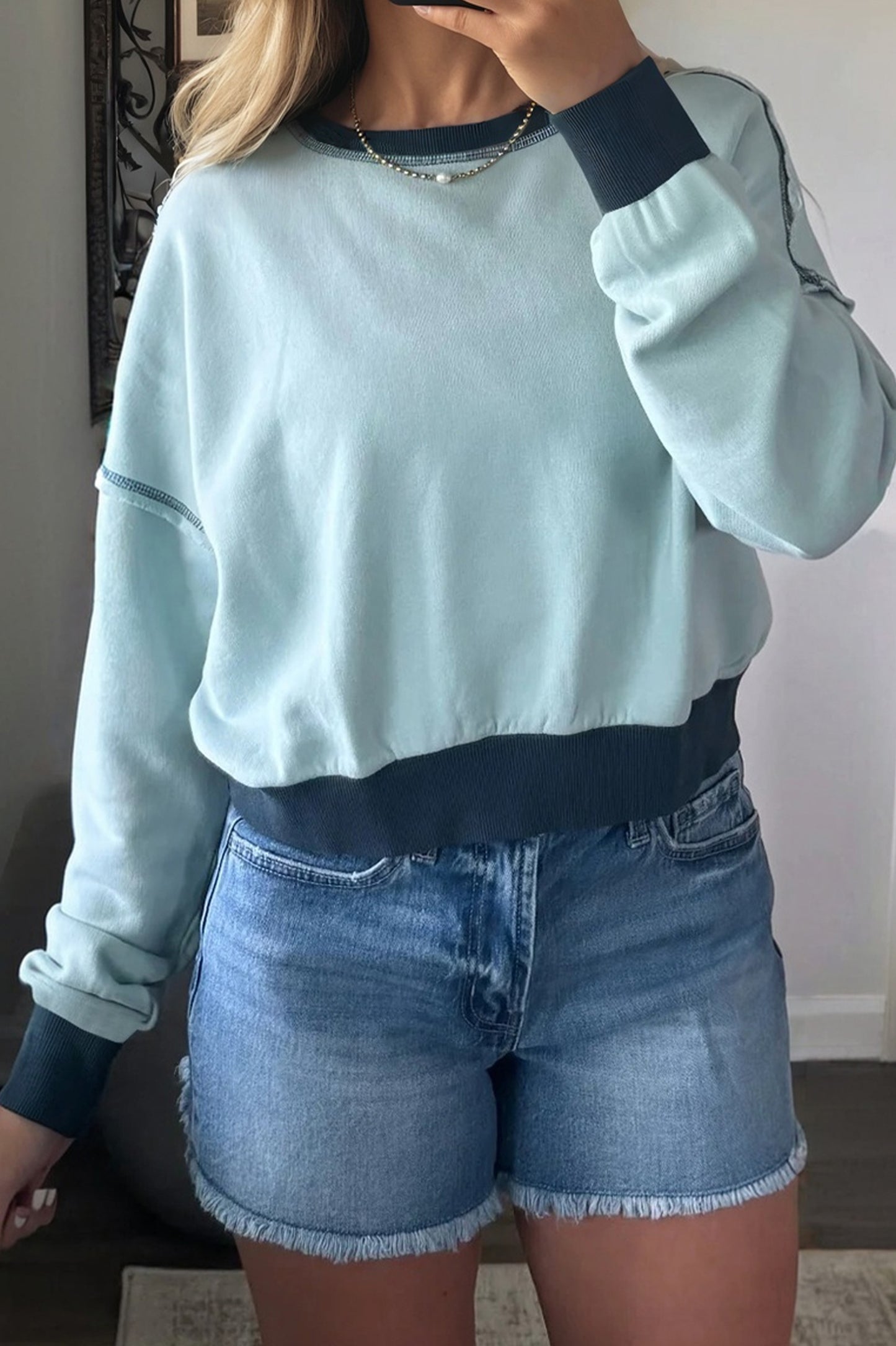 Iceland Blue Contrast Edge Colorblock Patchwork Crop Sweatshirt