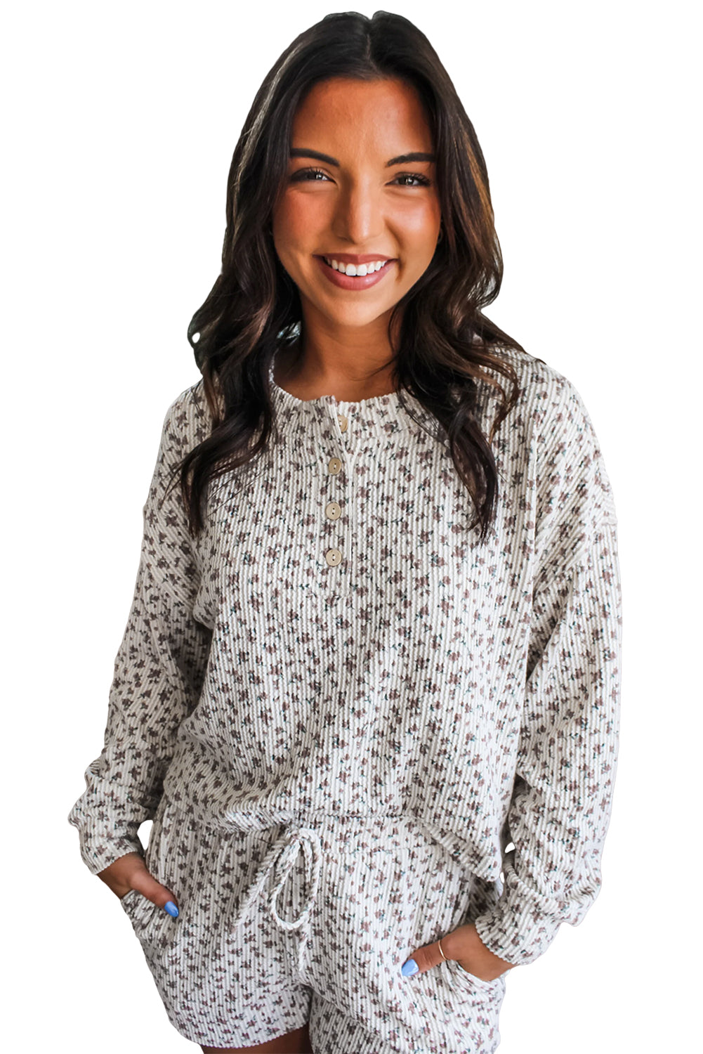 White Spiral Ribbed Floral Print Long Sleeve Henley Top Drawstring Short Set