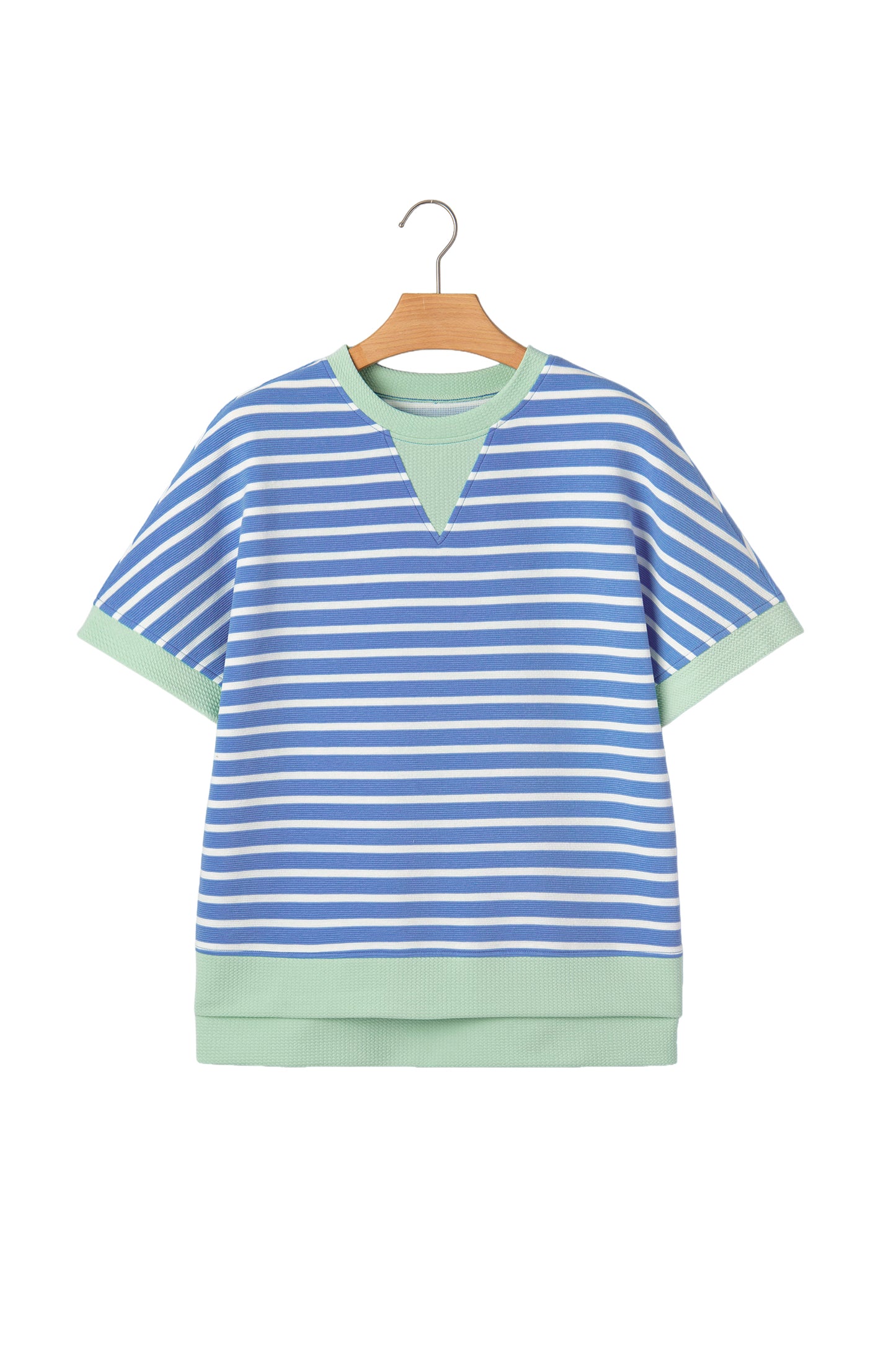 Sky Blue Stripe Contrast Trim Loose Short Sleeve Top