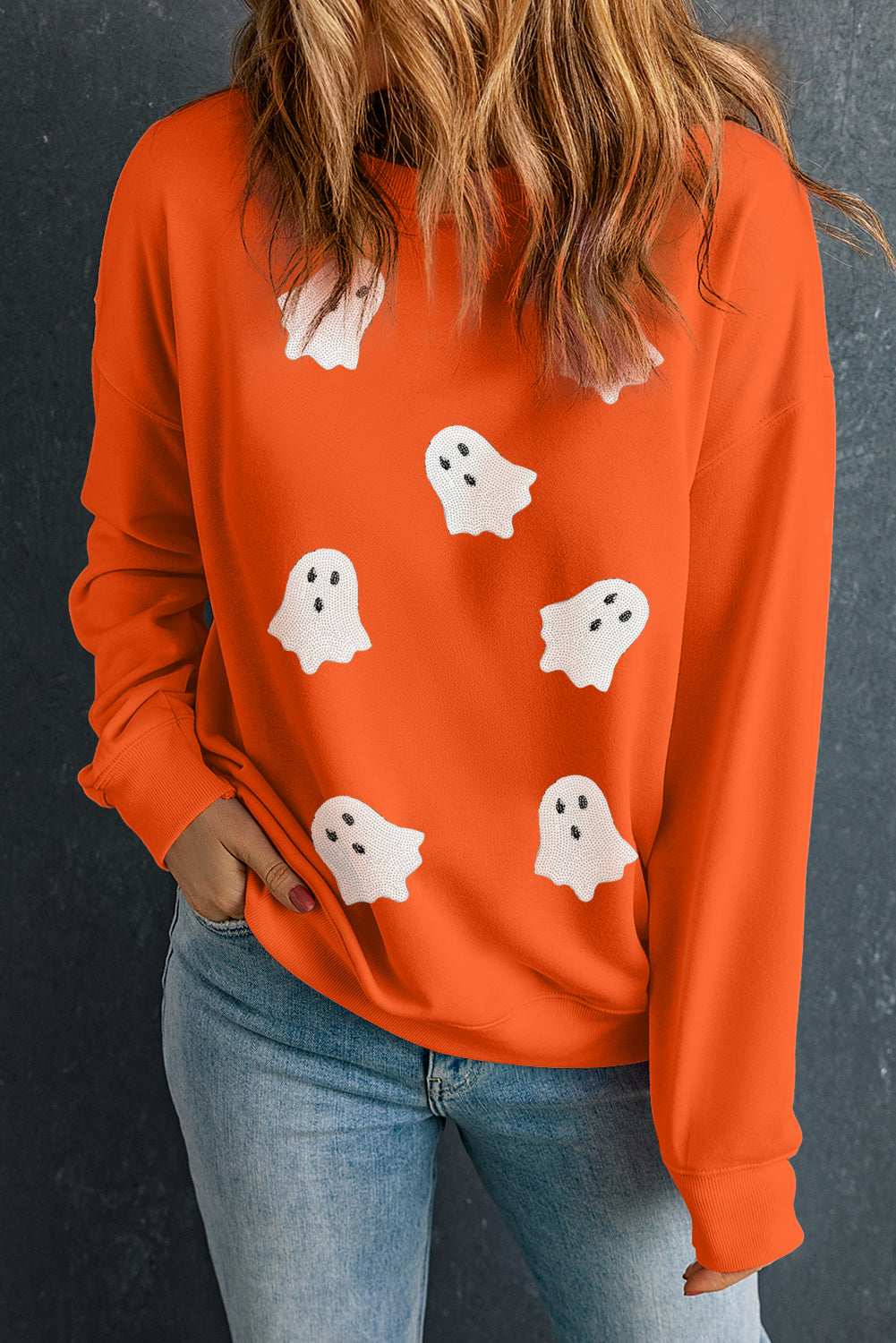 Orange Sequin Ghost Patch Sweatshirt