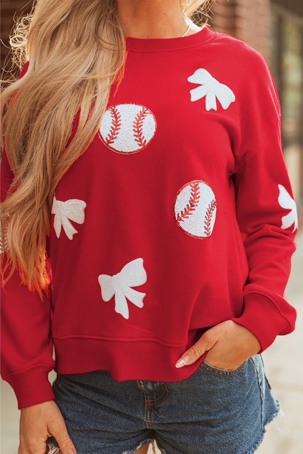 Red Sequin Baseball Bow Patch Game Day Pullover Sweatshirt