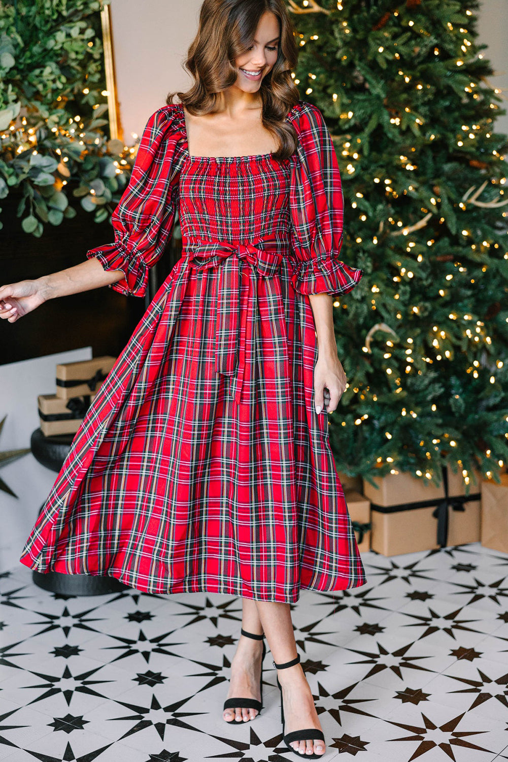 Red Tartan Plaid Square Neck Puff Sleeve Knot Waist Flared Midi Dress