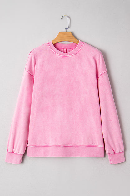 Bright Pink Mineral Wash Crossed Crew Neck Drop Shoulder Loose Sweatshirt