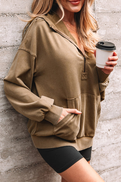 Elmwood Half Zip Kangaroo Pocket Mineral Wash Baggy Hoodie