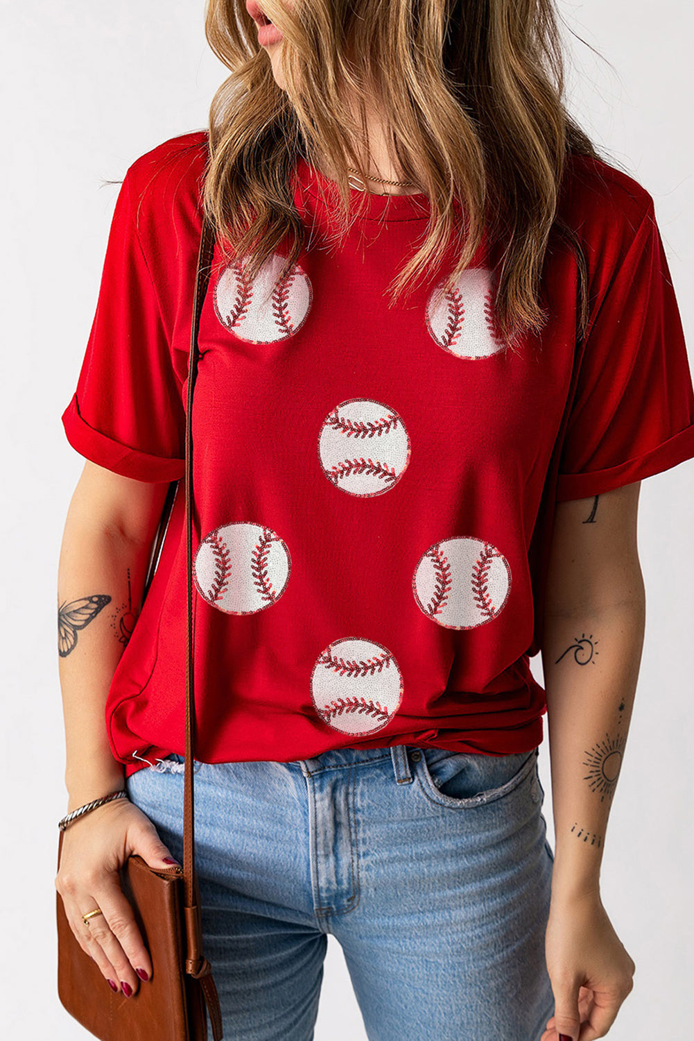 Red Glittering baseball  Pattern Crew Neck Game Day T Shirt