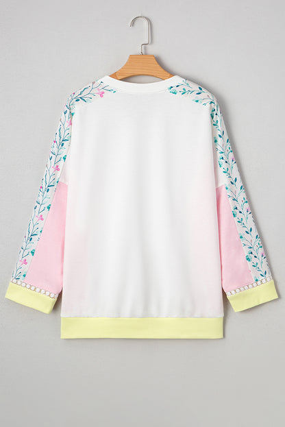 White Floral Colorblock Patchwork Chest Pocket Notched Neck Long Sleeve Top