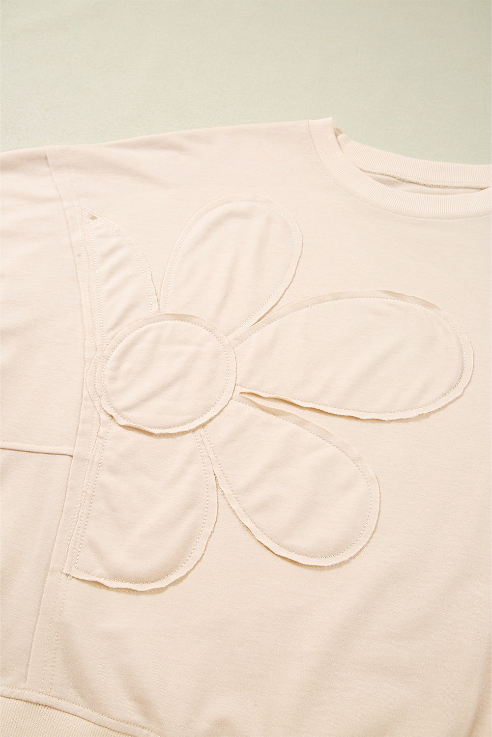 Beige Raw Edge Flower Patch Drop Shoulder Casual Top