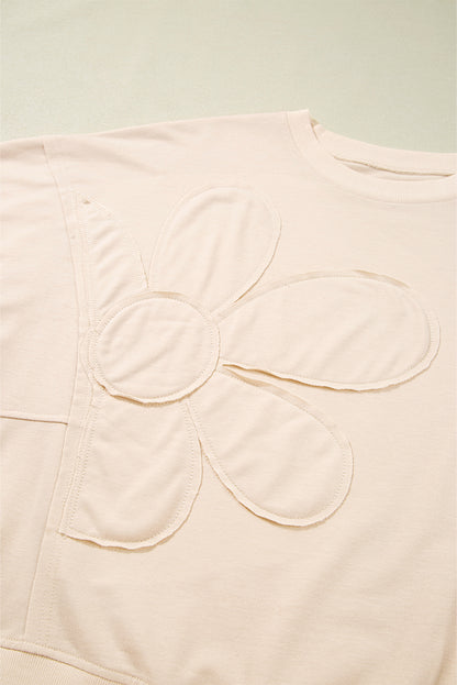 Beige Raw Edge Flower Patch Drop Shoulder Casual Top