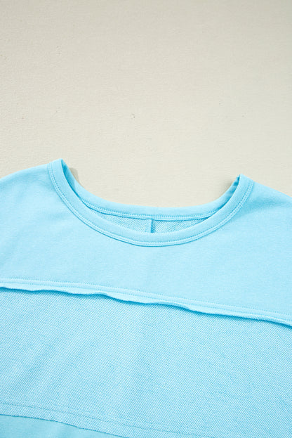 Aruba Blue Plus Size Solid Color Splicing Raw Hem Pullover Top Shorts Set