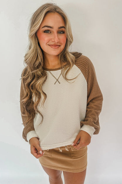 Camel Waffle Color Block Raglan Sleeve Top