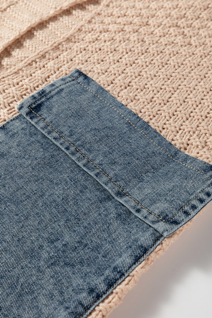Smoke Gray Open Front Knitted Denim Pocket Patchwork Cardigan