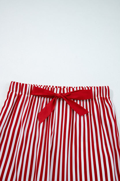 Red Stripe Contrast Velvet Trim Bow Knot Waist 2pcs Pajama Set