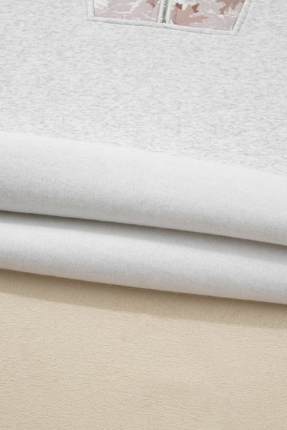 Gray Camo Leaves Patchwork Zipped Collar Pullover Plus Size Sweatshirt