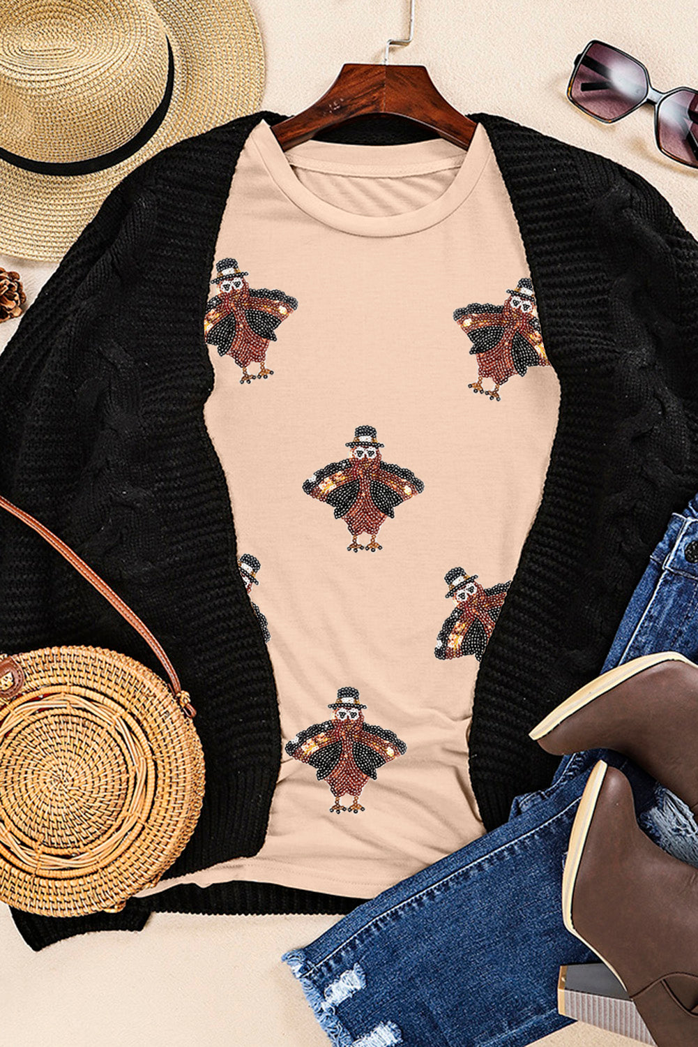 Turkey Day Sequined Patch T Shirt