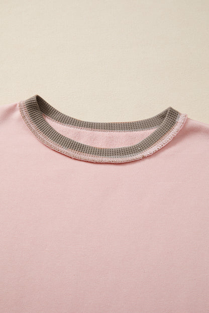 Light Pink Color Block Mix Texture Waffle Patchwork Oversize Sweatshirt