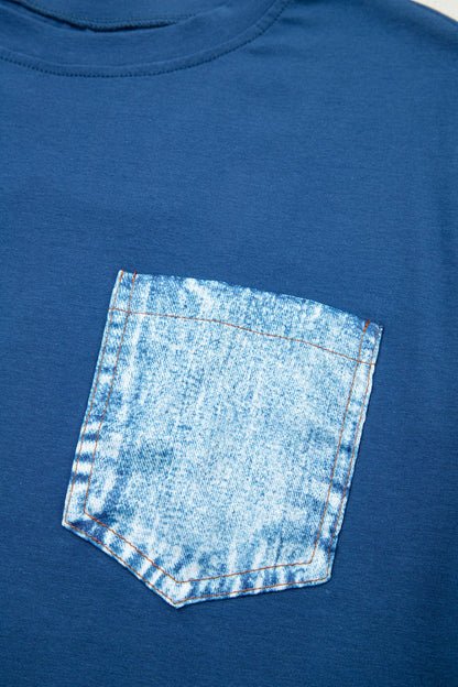 Sail Blue Color Block Chest Pocket Patched Casual Short Sleeve Top