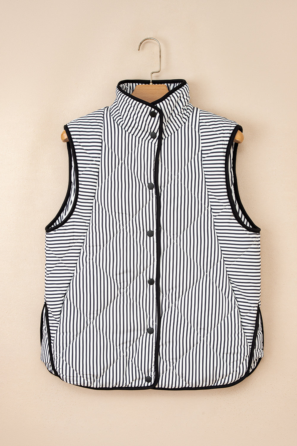 Black Stripe Contrast Trim Snap Button Collared Winter Vest