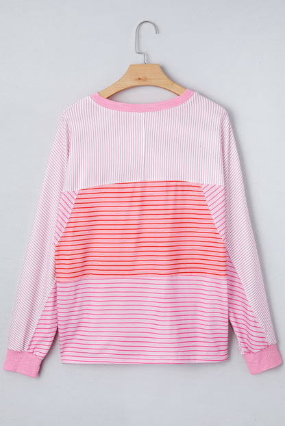 Sachet Pink Striped Colorblock Exposed Seam Casual Long Sleeve Top