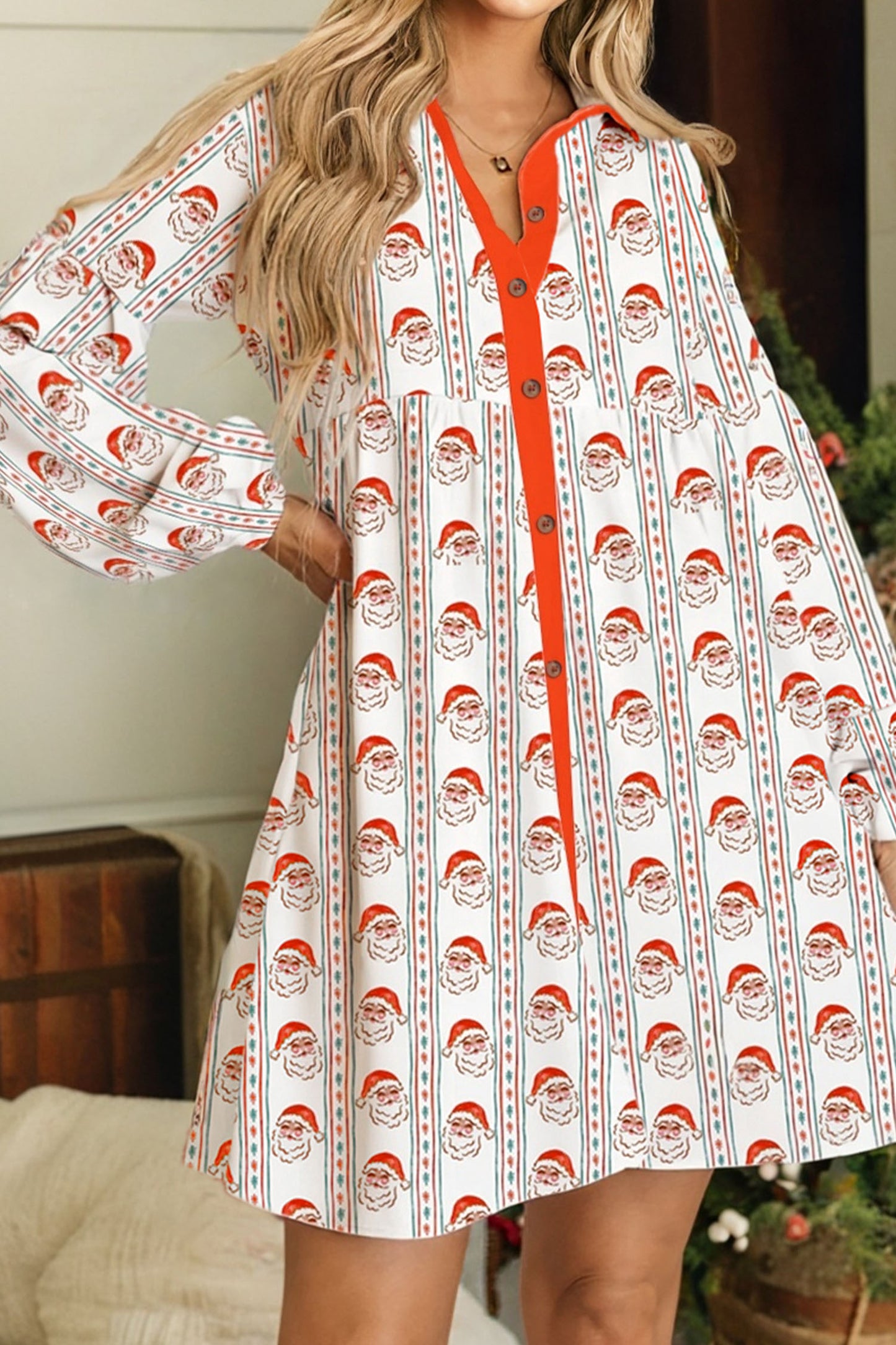 White Father Christmas Contrast Collar Button Front Long Sleeve A-line Mini Dress