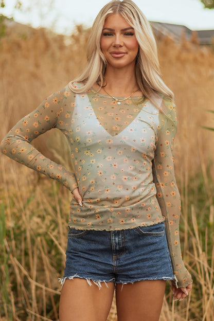 Laurel Green Vintage Floral Print Southern Style Mesh Long Sleeve Top