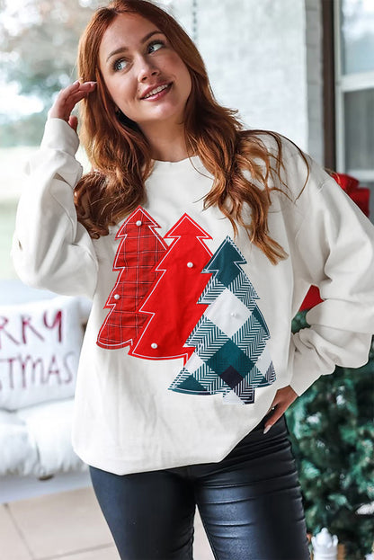 White Pearl Plaid Christmas Tree Patched Drop Shoulder Sweatshirt
