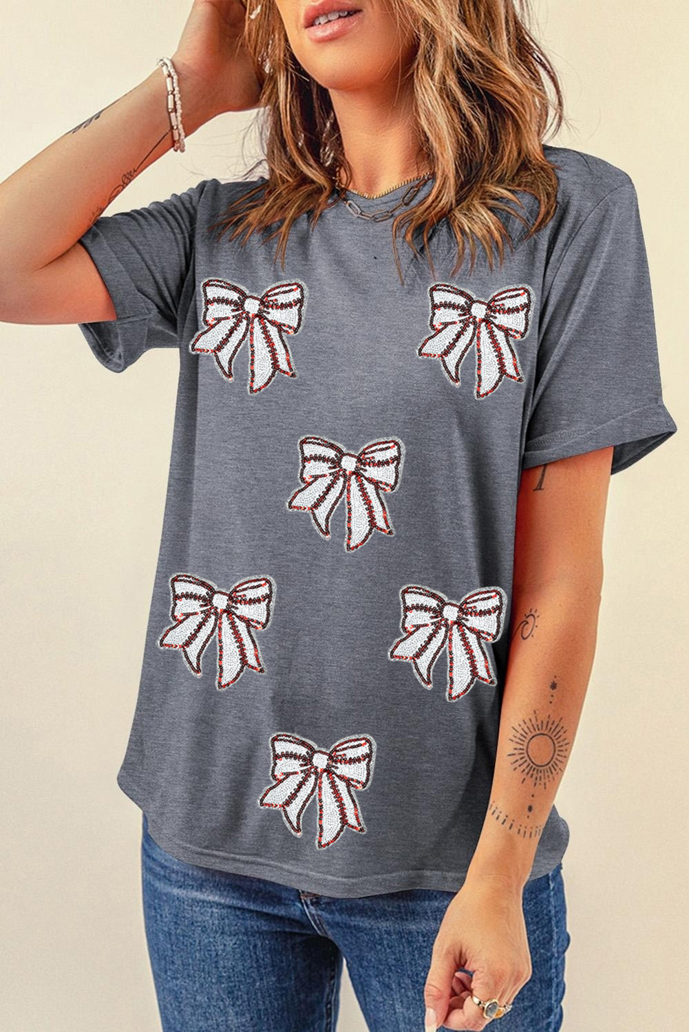 Gray Sequin Bow Baseball Tee