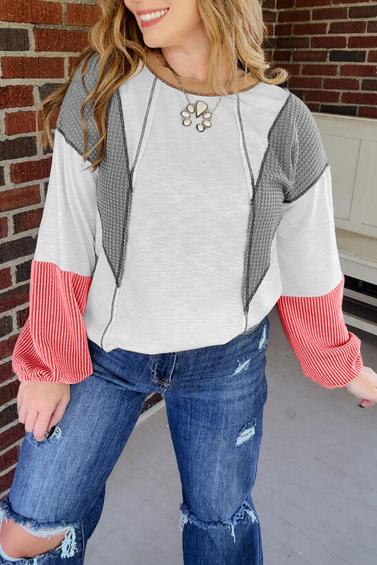 White Contrast Block Mixed Textured Knit Patchwork Casual Top