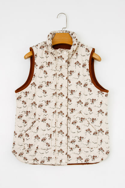 Apricot Floral Print Zip Up Quilted Vest