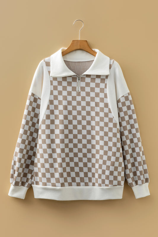 Khaki Checkered Print Quarter Zip Ribbed Patchwork Loose Sweatshirt
