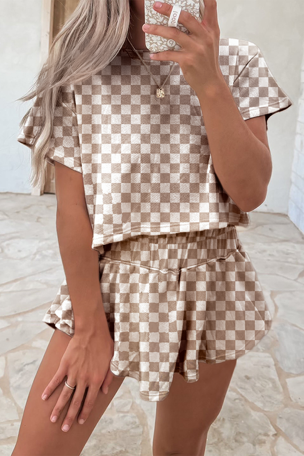 Brown Checkered Flowy Two Piece Short Set