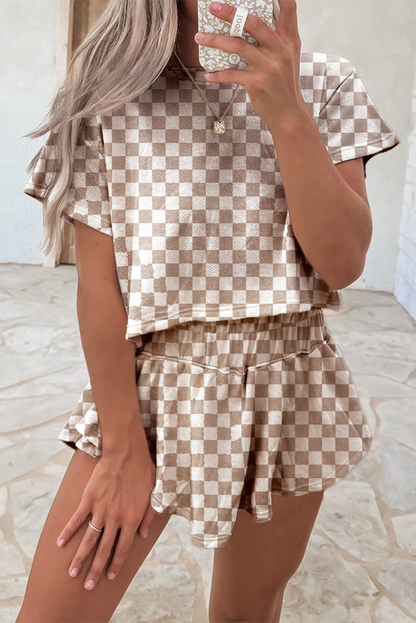 Brown Checkered Flowy Two Piece Short Set