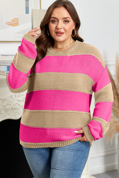 Khaki Stripe Color Block PLus Size Drop Shoulder Sweater