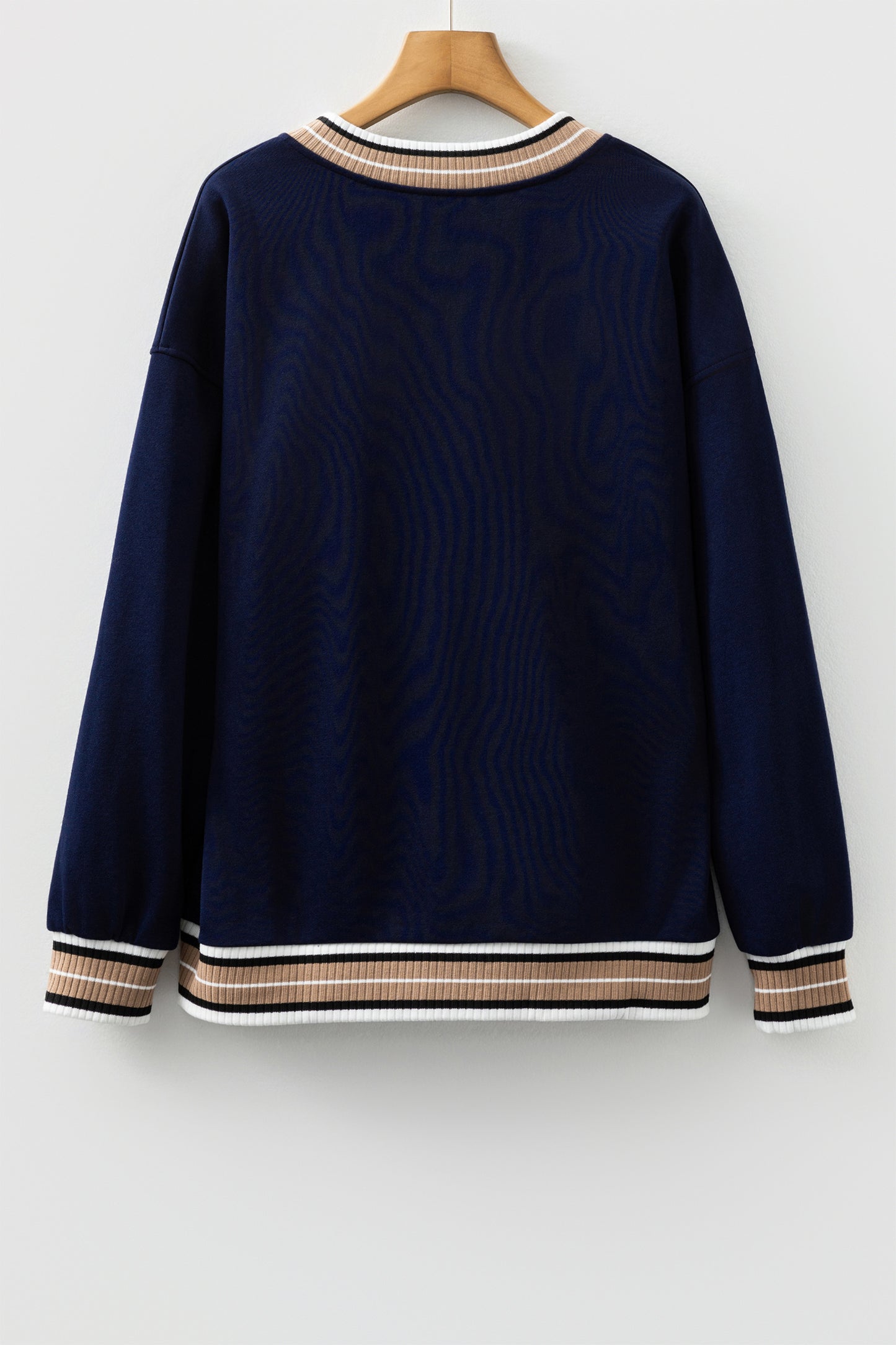 Navy Blue Varsity Contrast Striped Trim V Neck Sweatshirt