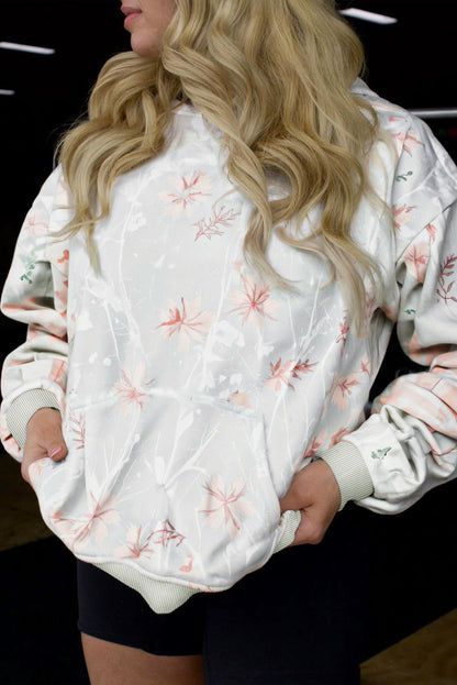 Gray Floral Print Plus Size Loose Hoodie