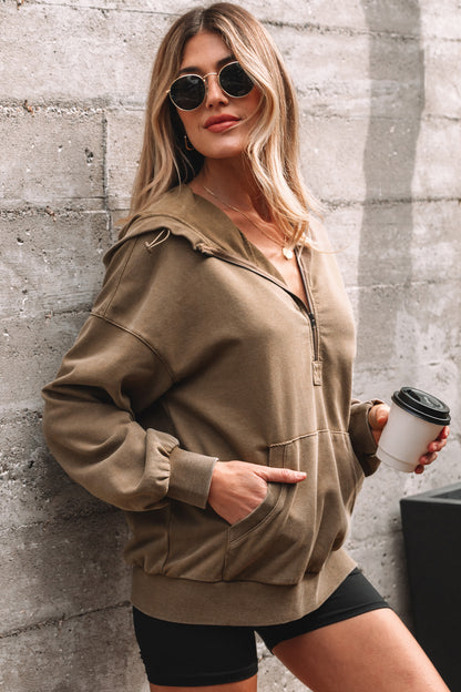 Elmwood Half Zip Kangaroo Pocket Mineral Wash Baggy Hoodie