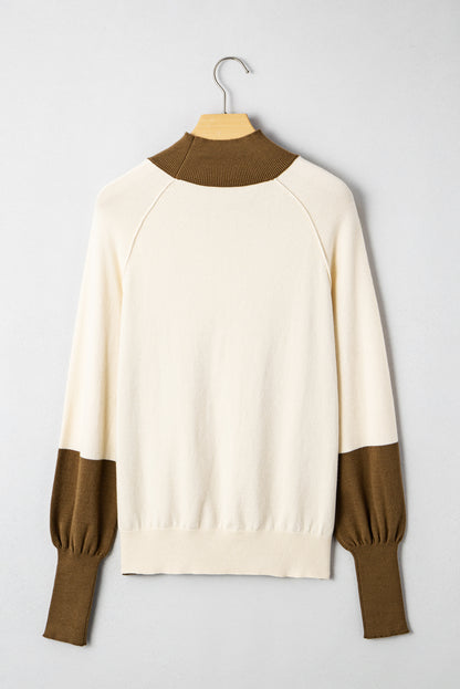 Desert Palm Colorblock Raglan Puff Sleeve Mock Neck Sweater