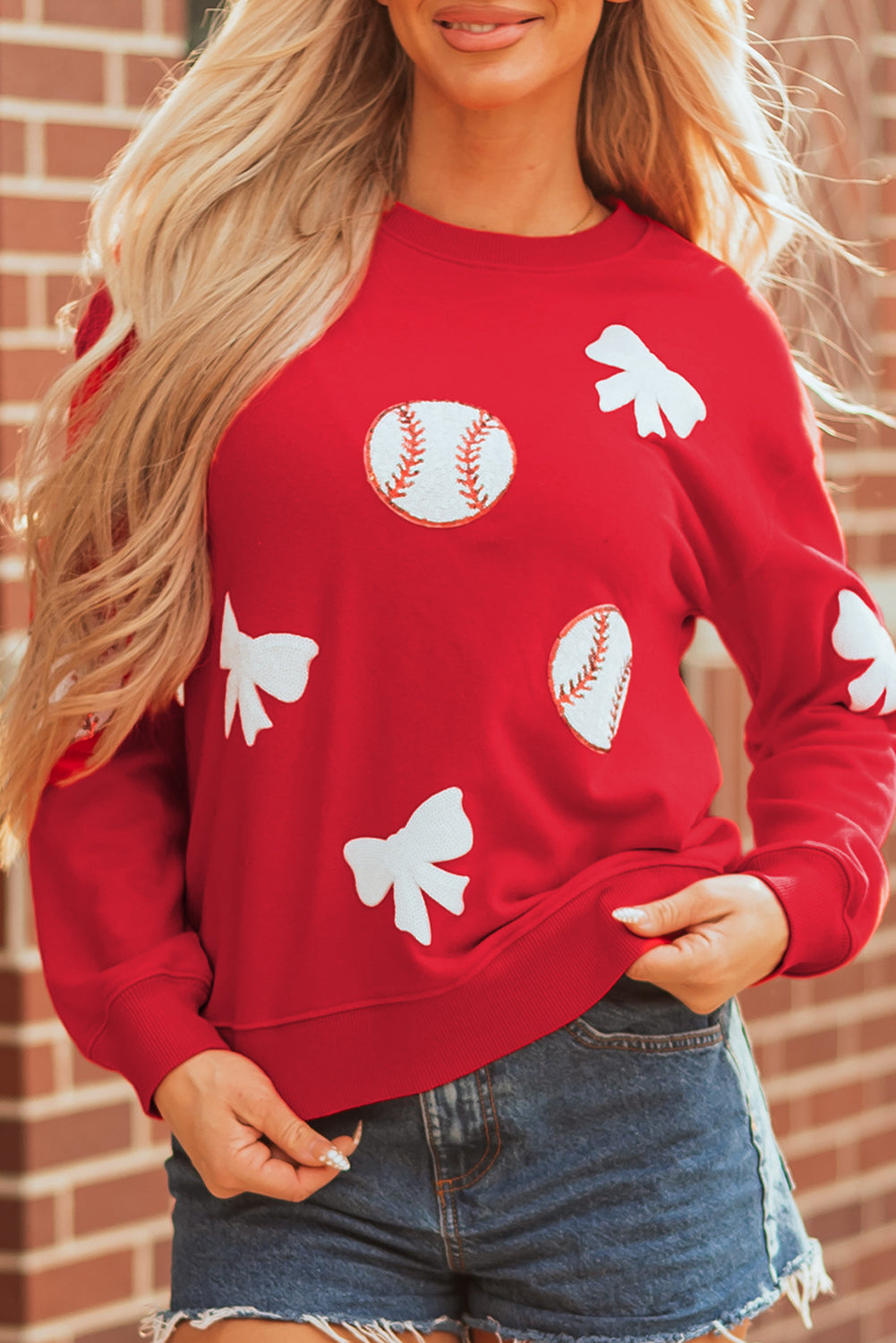 Red Sequin Baseball Bow Patch Game Day Pullover Sweatshirt