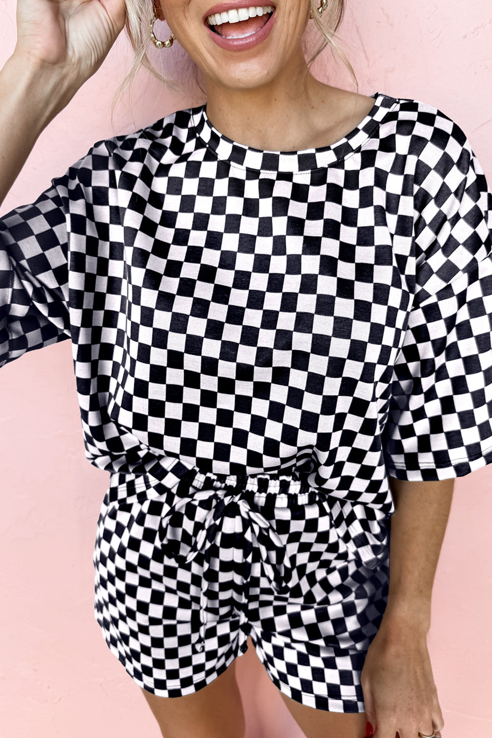Black Checkered Top and Short Casual Two Piece Set