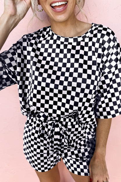 Black Checkered Top and Short Casual Two Piece Set