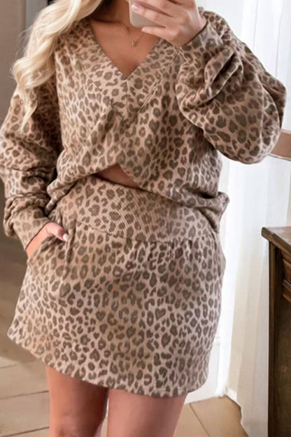 Light French Beige Leopard Print V Neck Pullover Mini Skirt 2pcs Set